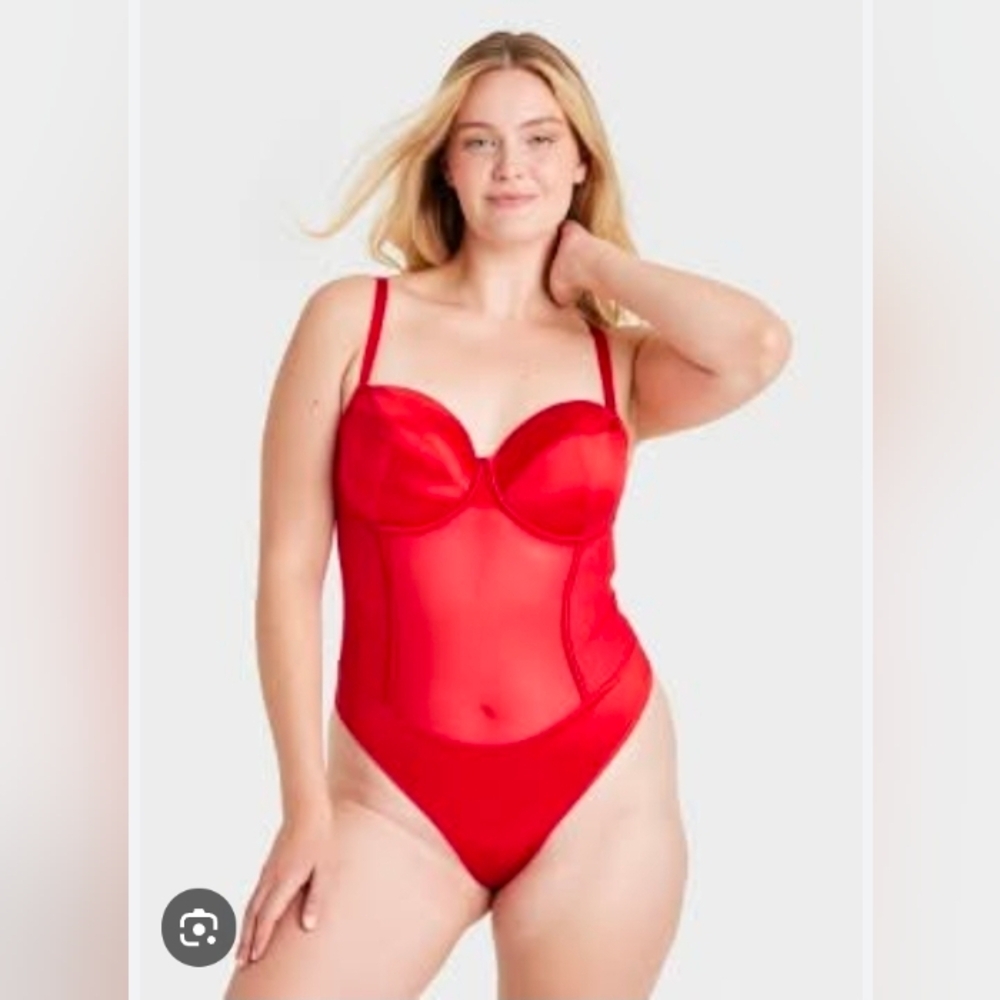 Auden Women's Satin And Mesh Lightly Lined Lingerie Bodysuit Red Size XL